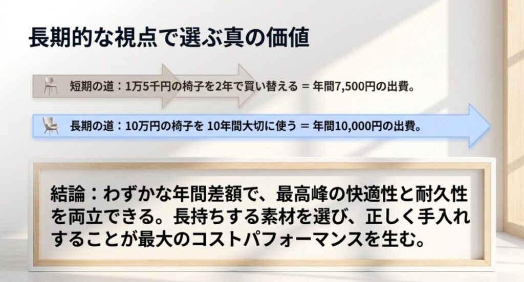 短期買い替えと長期使用の年間コストを比較した図。長持ちする素材選びと正しい手入れが高いコスパを生むという結論