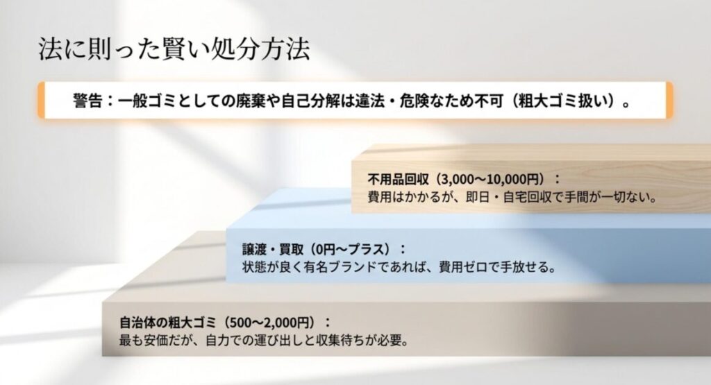 ゲーミングチェアの処分方法を費用別に示した図。自治体の粗大ゴミ、譲渡・買取、不用品回収という3つの選択肢と注意点