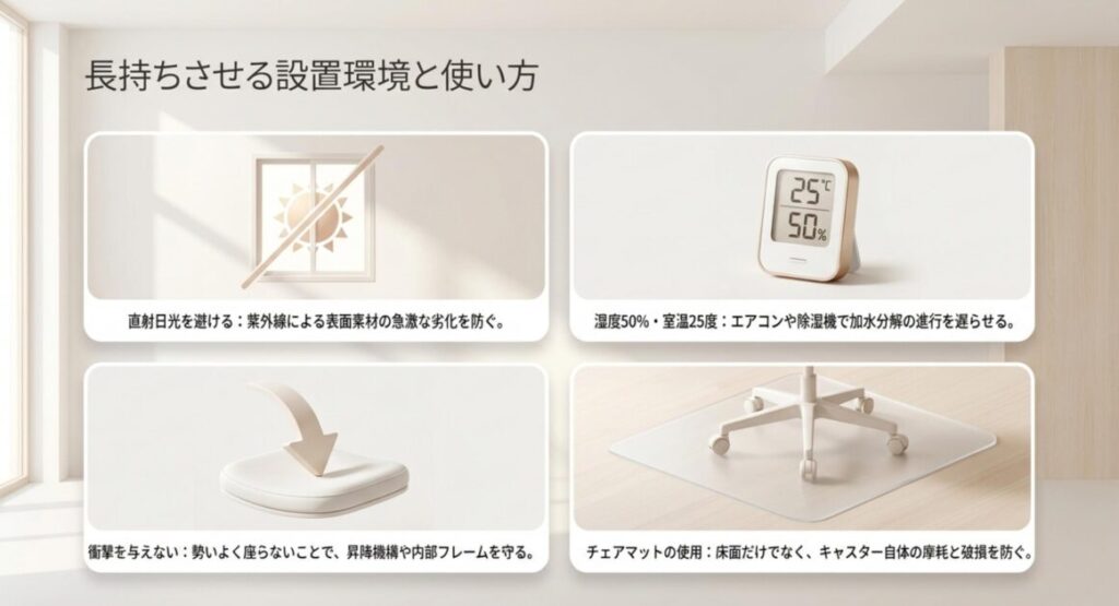 直射日光を避ける、湿度と室温の管理、衝撃を与えない座り方、チェアマットの使用というゲーミングチェアを長持ちさせる工夫を示した図