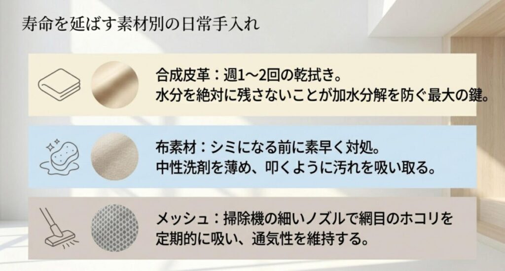 合成皮革は乾拭き、布素材はシミの早期対処、メッシュはホコリ除去という素材別の日常メンテナンス方法を示した図