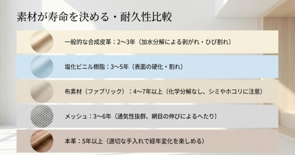 合成皮革・塩化ビニル樹脂・布素材・メッシュ・本革という張地素材別の寿命目安と劣化現象を比較した図