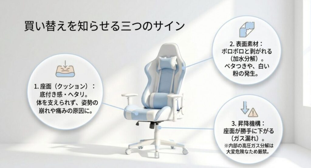 座面のヘタリ、表面素材の加水分解、昇降機構の不調というゲーミングチェアの買い替えを知らせる3つのサインを示した図