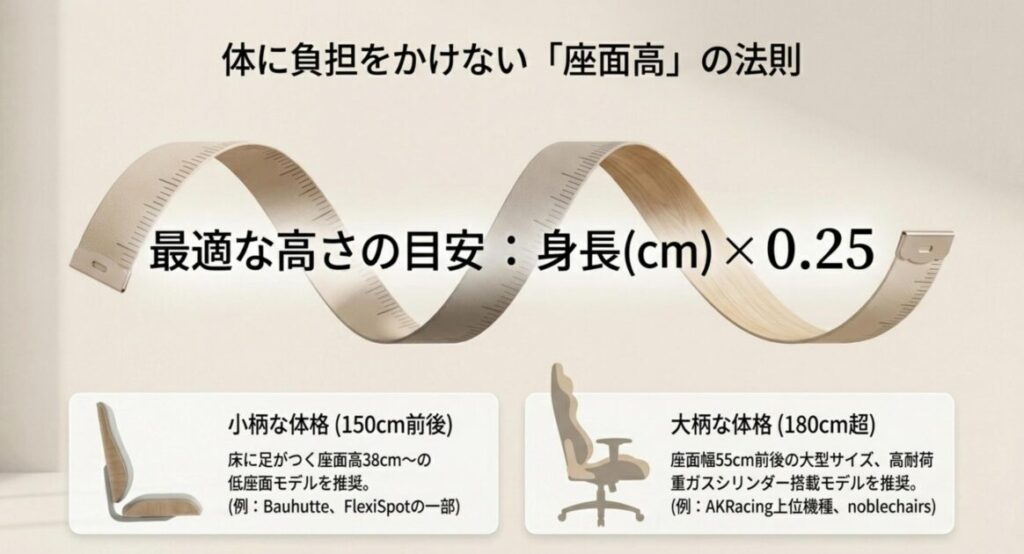 身長(cm)×0.25が理想の座面高の目安とされる法則の解説図。小柄な体格と大柄な体格それぞれに向くモデル傾向もあわせて整理