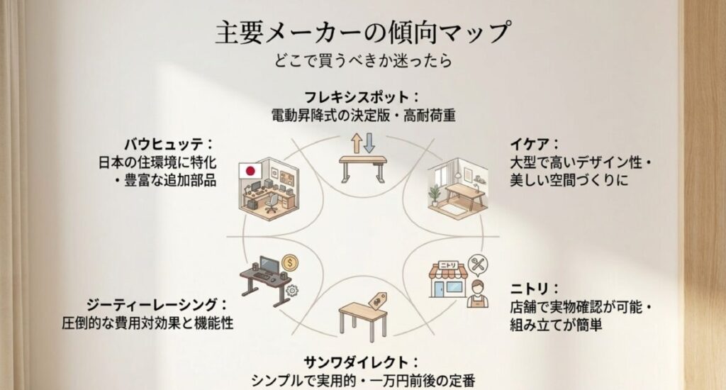 フレキシスポット、バウヒュッテ、IKEA、サンワダイレクト等の価格帯・機能性・デザイン性による選び方の図解