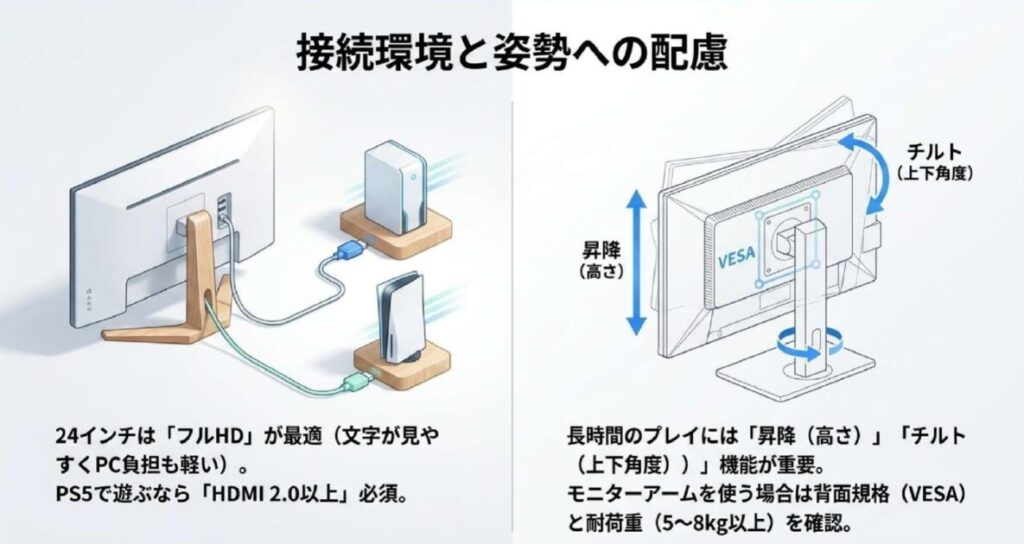 ゲーミングモニター24インチの接続環境とスタンド調整機能を解説した図。HDMI接続のPS5やPCとVESA規格や昇降チルトの可動範囲を整理