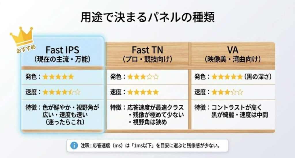 ゲーミングモニター24インチのパネル方式比較。Fast IPSとFast TNとVAの発色や速度や特徴を星評価で比較しFast IPSを主流としておすすめに示す