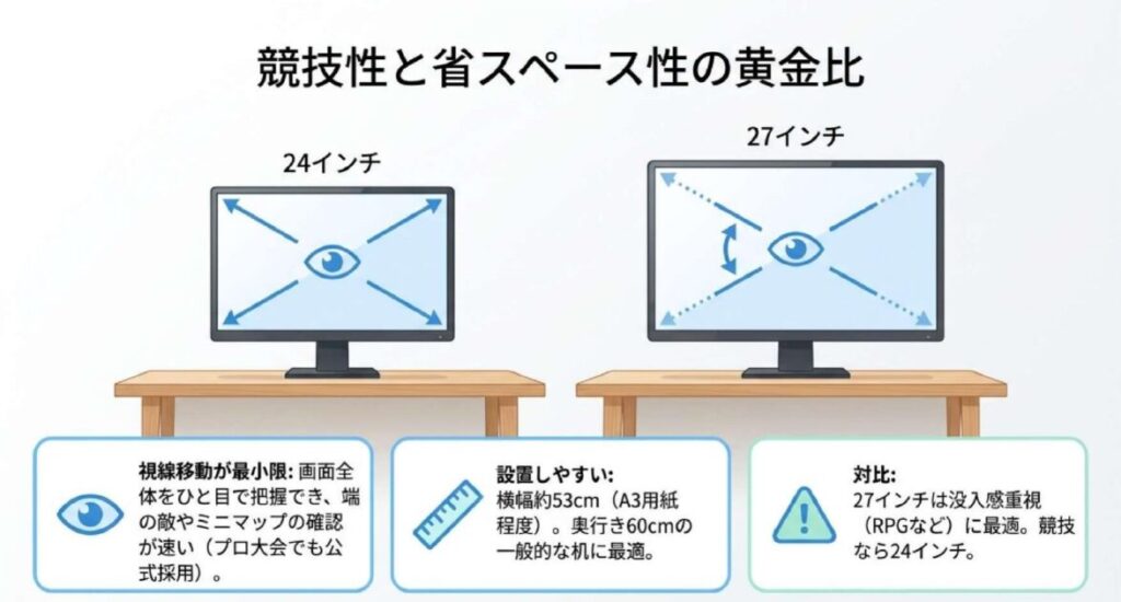 ゲーミングモニター24インチと27インチを並べて視線移動の差を解説した図。24インチは画面全体をひと目で把握でき競技向きと示している