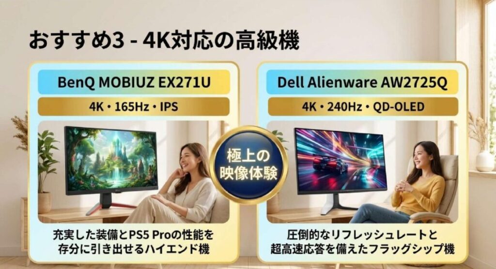 4K対応の27インチゲーミングモニター高級モデルとしてBenQ MOBIUZ EX271UとDell Alienware AW2725Qの2機種を紹介する図解