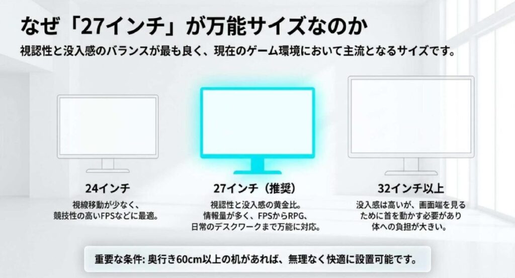 24インチ、27インチ、32インチ以上のサイズ比較イラストで、27インチが視認性と没入感のバランスに優れた万能サイズである理由を示した図解