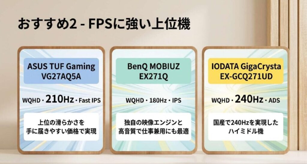 FPSに強い27インチゲーミングモニター上位3モデルのASUS VG27AQ5A、BenQ MOBIUZ EX271Q、IODATA GigaCrysta EX-GCQ271UDを比較した図解