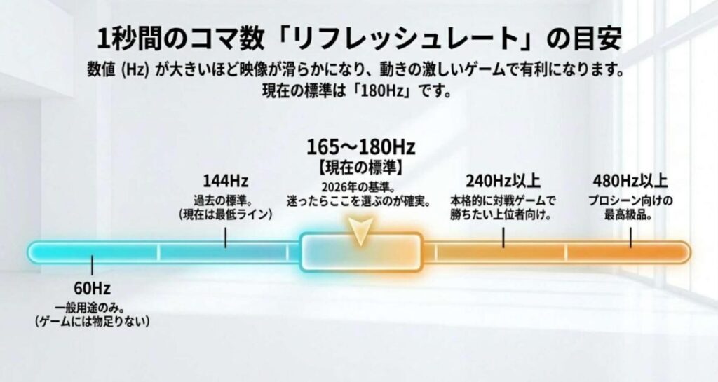 27インチゲーミングモニターのリフレッシュレート目安を60Hzから480Hz以上まで段階的に整理し、2026年の標準が180Hzであることを示した図解