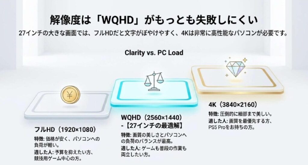 27インチゲーミングモニターの解像度比較で、フルHD、WQHD、4Kそれぞれの特徴と適した利用者をパソコン負荷との関係で整理した図解