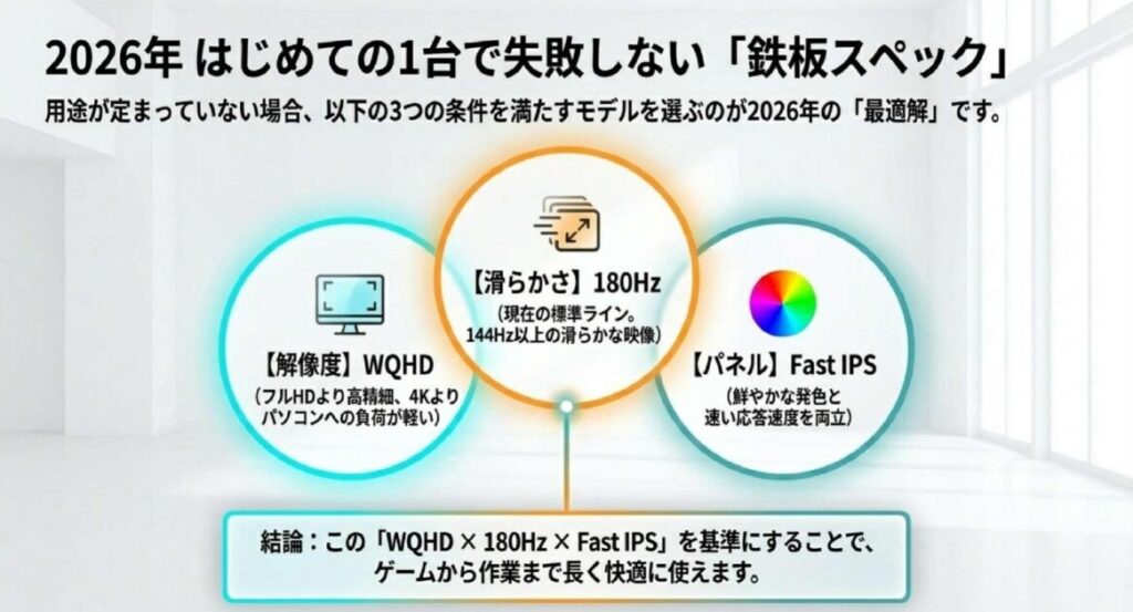 27インチゲーミングモニター鉄板スペックとしてWQHD解像度、180Hzリフレッシュレート、Fast IPSパネルを組み合わせる構成を解説した図解