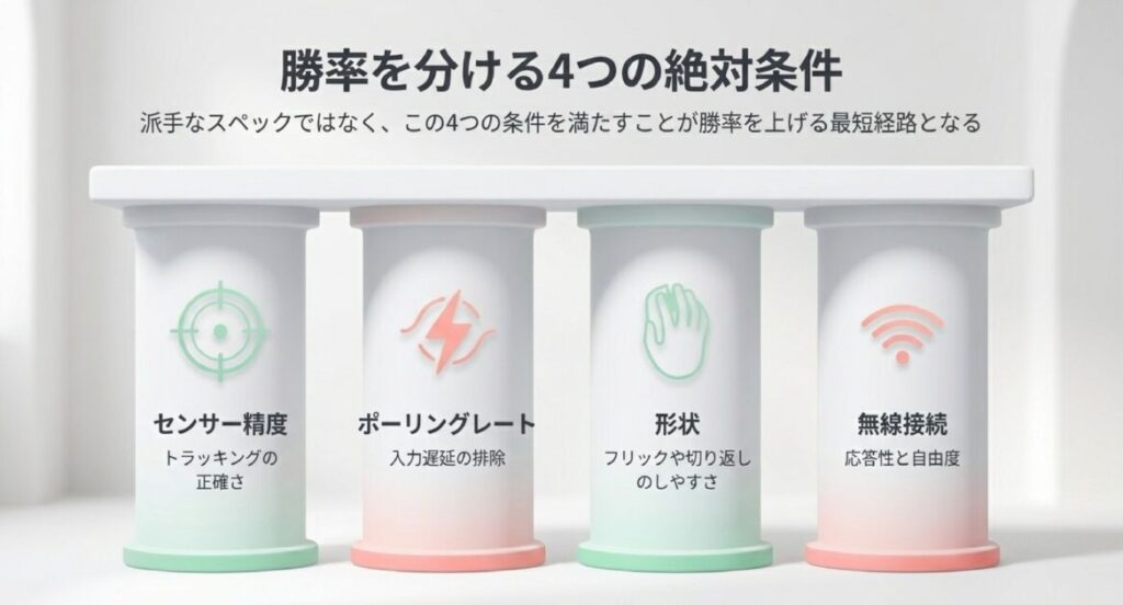 センサー精度、ポーリングレート、形状、無線の4要素。入力遅延排除と操作性の重要性を図解。