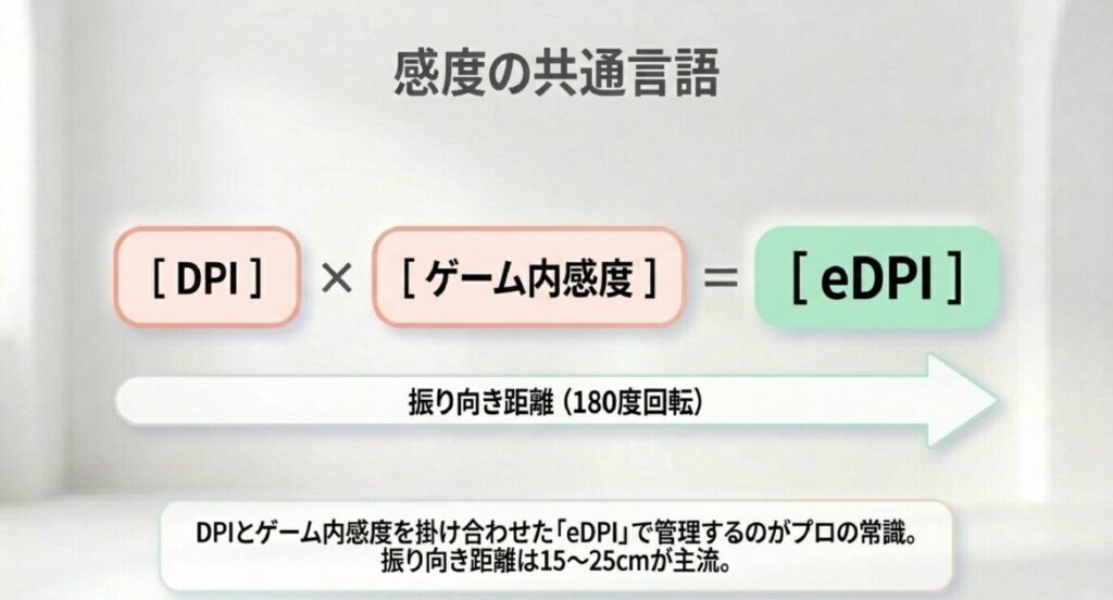 「DPI × ゲーム内感度 = eDPI」の方程式。プロ主流の振り向き距離15-25cmの数値解説。