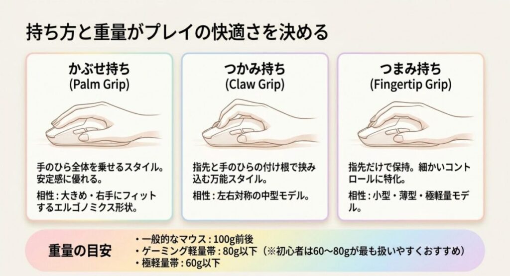  かぶせ持ち・つかみ持ち・つまみ持ちの3スタイルと重量の目安を解説したスライド