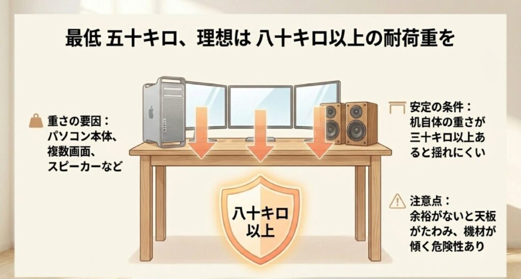 パソコンやスピーカー等の総重量を支える耐荷重80kg以上の推奨と、揺れを防ぐ本体重量30kg以上の重要性を示す図