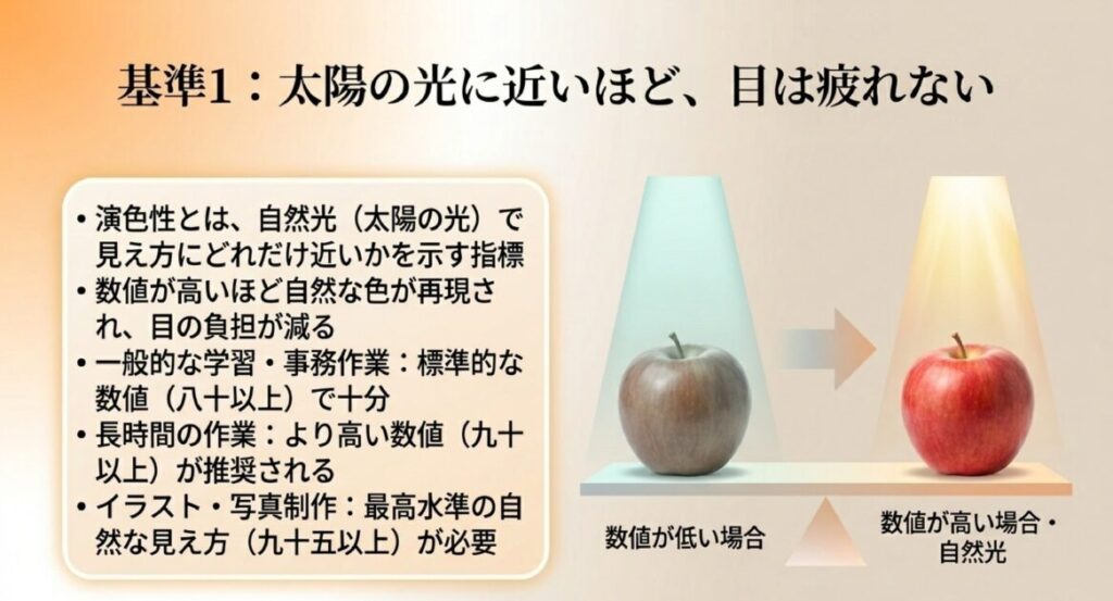 演色性の数値による色の見え方の違いと、長時間作業や制作活動に推奨される基準（Ra90以上など）の解説。
