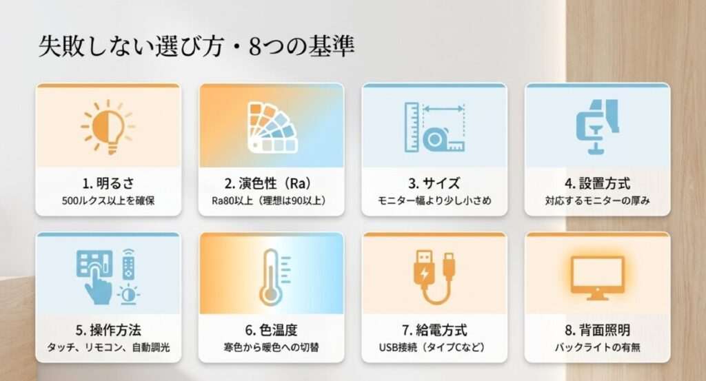 明るさ(500ルクス以上)、演色性(Ra80以上)、設置方式、色温度、給電方式など8つのスペック基準表