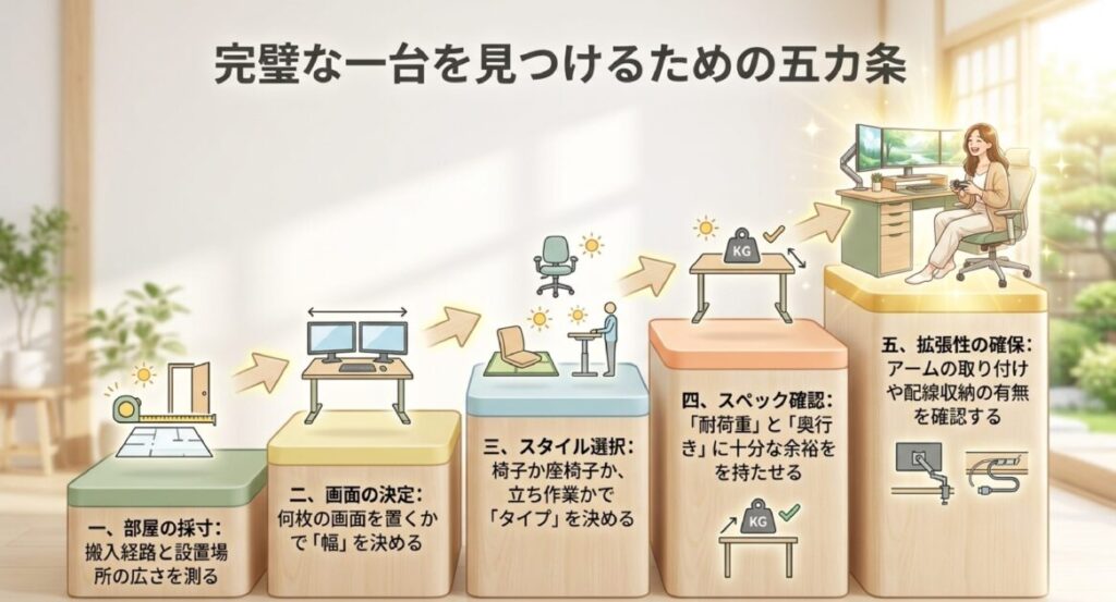 部屋の採寸、画面数による幅、スタイル選択、スペック確認(耐荷重・奥行き)、拡張性の5つのチェックポイント