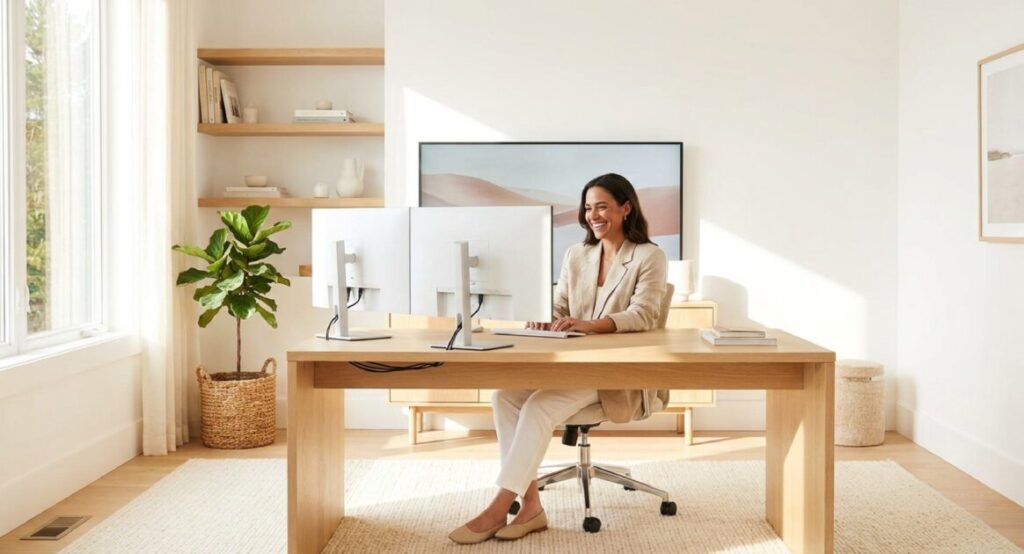 明るい部屋で木製デスクに向かい、2枚のモニターを水平に並べて快適に作業する女性の様子。