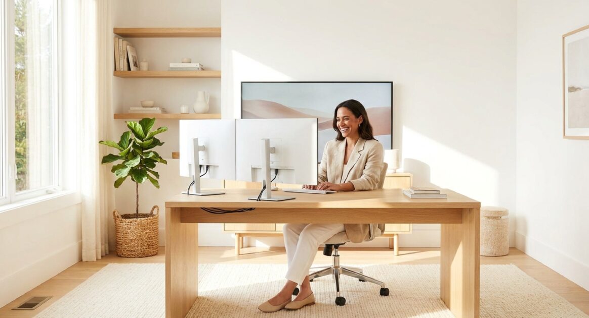 明るい部屋で木製デスクに向かい、2枚のモニターを水平に並べて快適に作業する女性の様子。