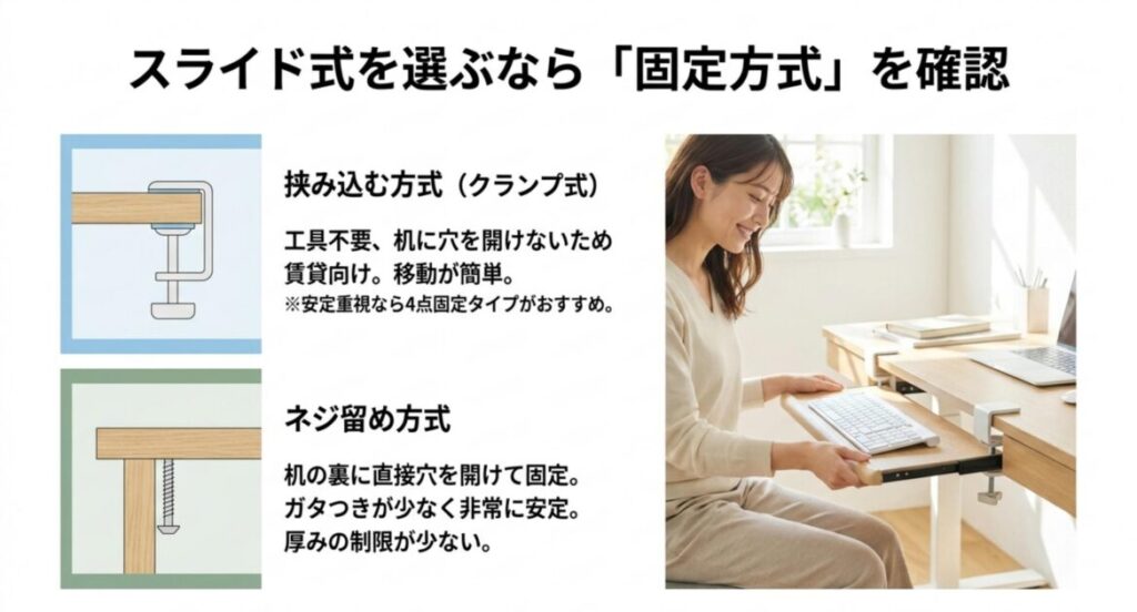 スライド式キーボードトレイの固定方式を比較。挟み込むクランプ式と机裏に固定するネジ留め式の特徴を解説