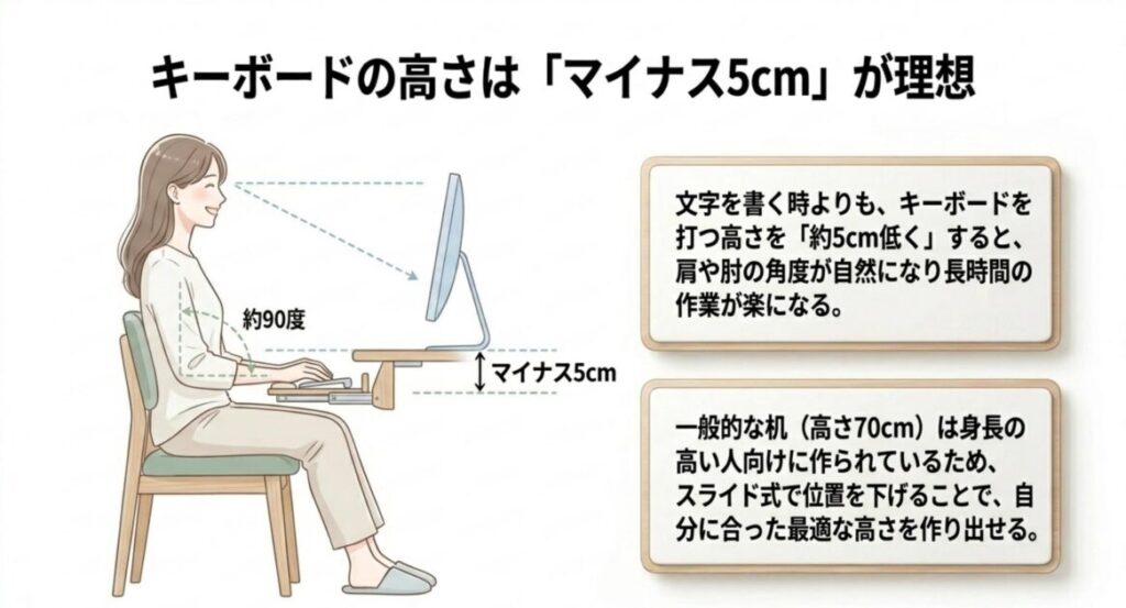 スライド式で天板より約5cm低い位置にキーボードを設置することで肘や肩の角度が自然になると言われる解説