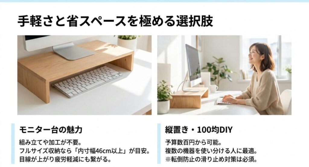 工具不要のモニター台と数百円から可能な縦置き100均DIYなど、手軽さと省スペースを極める選択肢の紹介