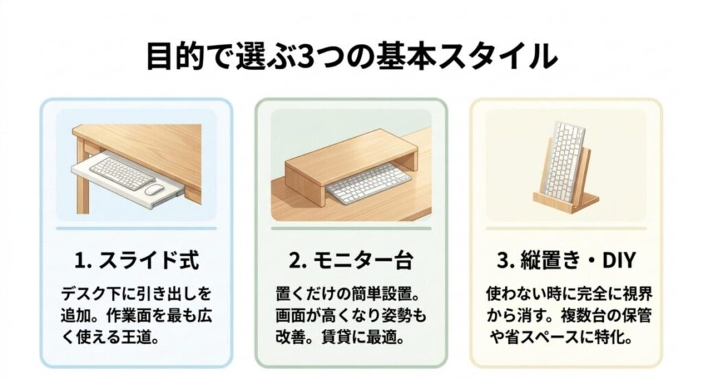 スライド式・モニター台・縦置きDIYというキーボード収納の3つの基本スタイルを目的別に整理した比較図