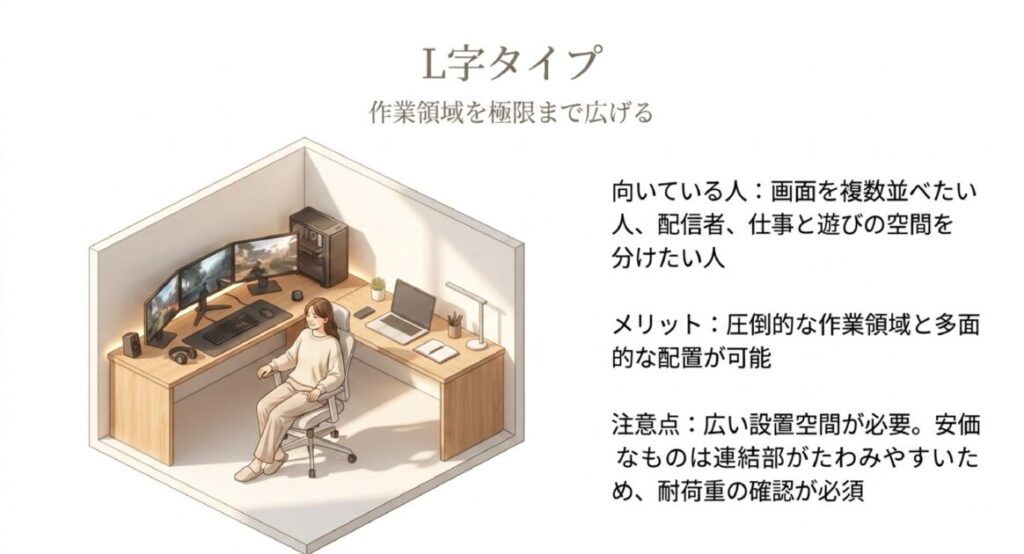 画面を複数並べる配信者等に向く圧倒的な作業領域。連結部の耐荷重と広い設置スペース確保の重要性を解説