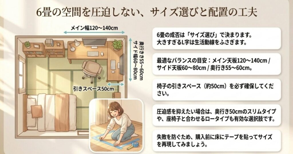 6畳の部屋にL字デスクを置いた俯瞰図。メイン幅120から140cm・サイド60から80cm・引きスペース50cmなど寸法目安を示す
