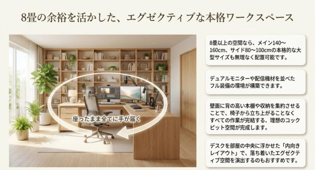 8畳の広い書斎に配置された大型L字デスクの実例イメージ。本棚を背景にコックピット型の本格ワークスペース構築例