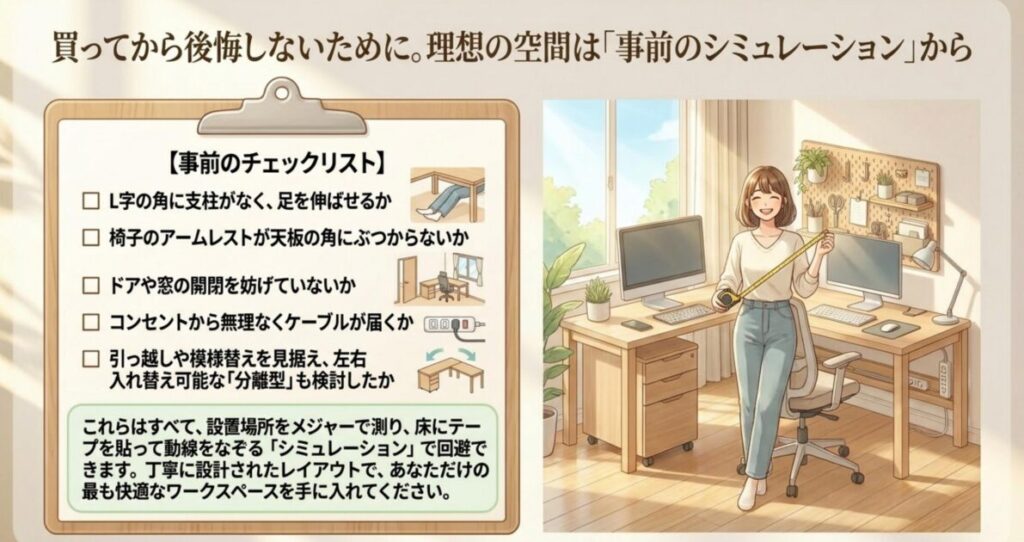 ナチュラルテイストの明るい部屋でL字デスクを前に微笑む女性。観葉植物や収納が整理された理想のワークスペースのイメージ