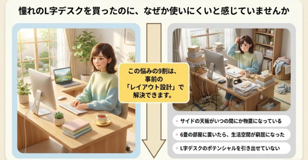 整ったL字デスクで快適に作業する女性と物が散乱したL字デスクで困惑する女性の比較。レイアウト設計の重要性を示すイメージ