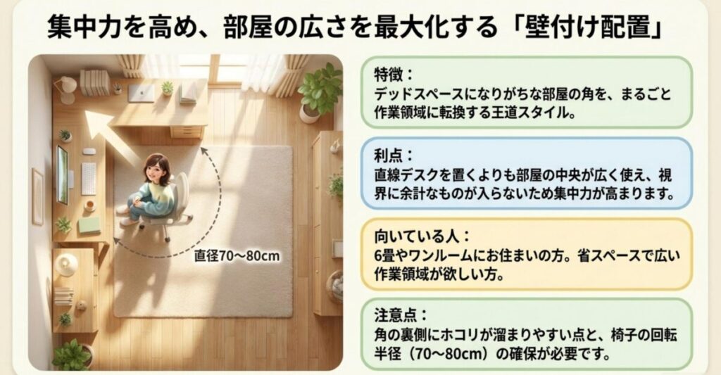 壁付けと内向きと間仕切りの3配置パターンを集中力と開放感と必要スペースの観点から比較した一覧表