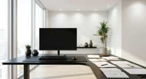 ナチュラルテイストの明るい部屋でL字デスク。観葉植物や収納が整理された理想のワークスペース