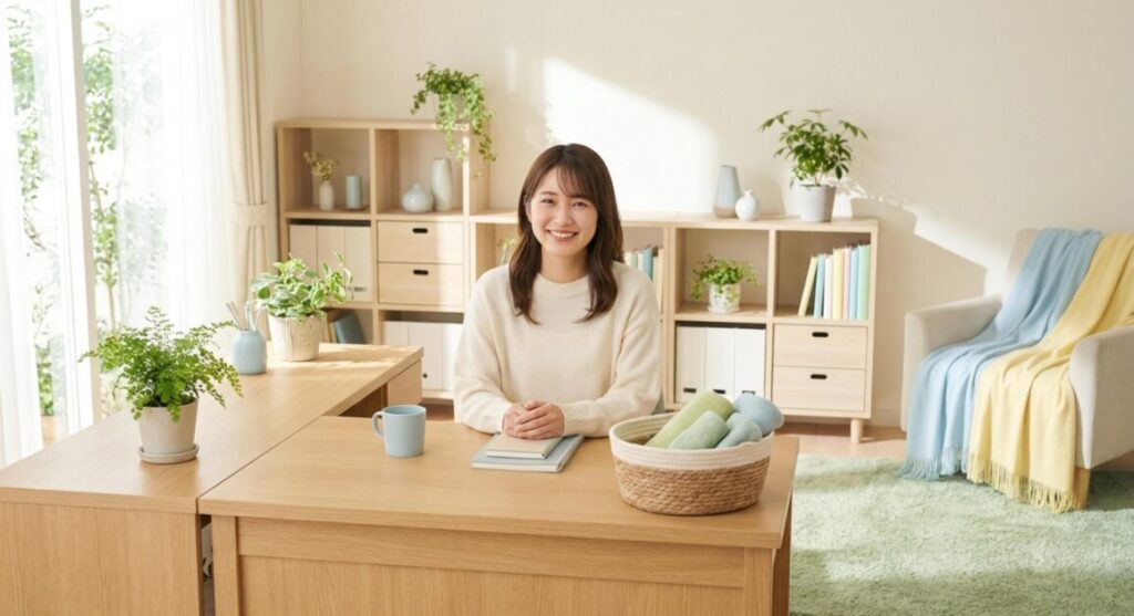 ナチュラルテイストの明るい部屋でL字デスクを前に微笑む女性。観葉植物や収納が整理された理想のワークスペースのイメージ