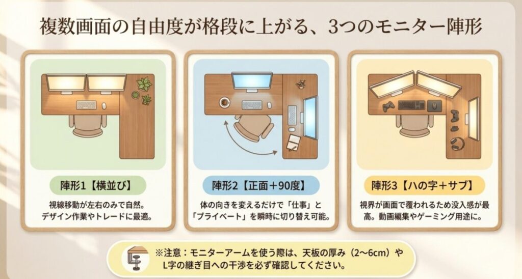 横並びと正面プラス90度とハの字プラスサブの3つのモニター配置パターンをL字デスクの俯瞰図で比較したレイアウト解説
