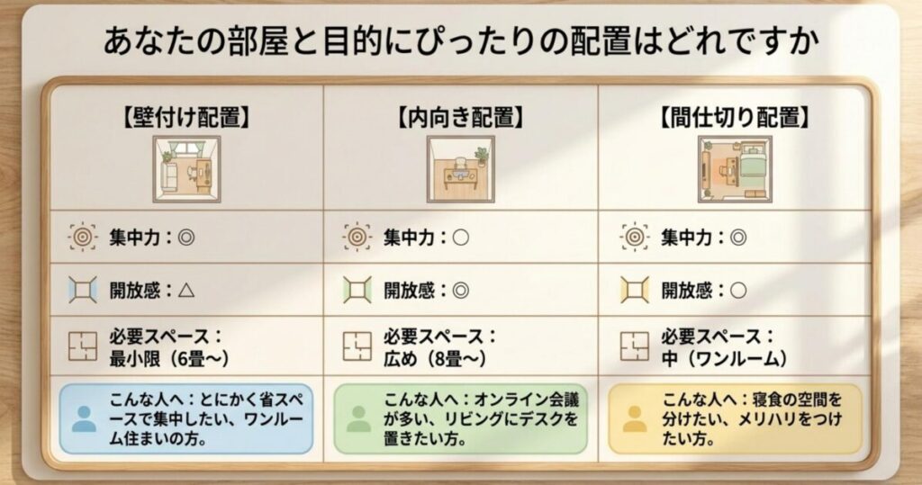 メイン天板とサイド天板の用途別役割分担を在宅ワークとゲーミングと書斎学習の3シーンで比較したレイアウト図