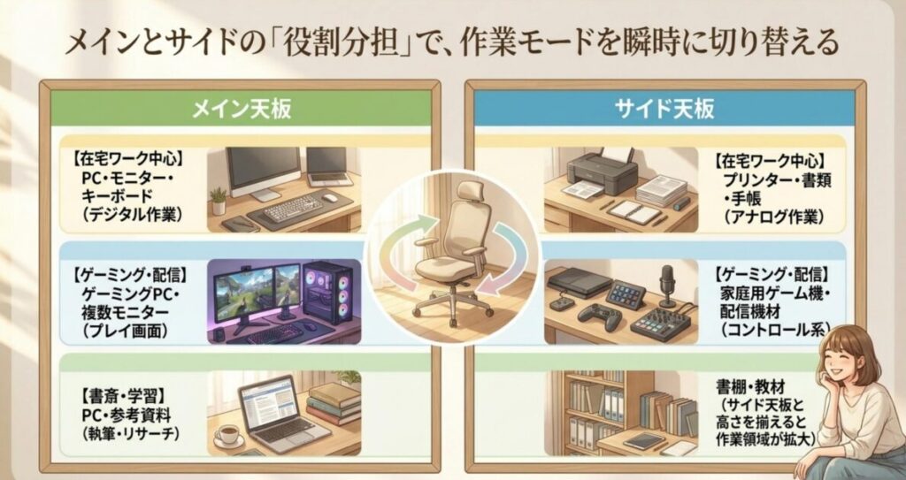メイン天板とサイド天板の用途別役割分担を在宅ワークとゲーミングと書斎学習の3シーンで比較したレイアウト図