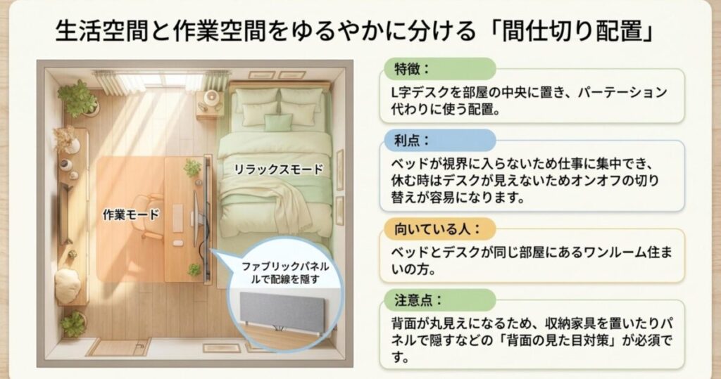 ベッドとデスクの間にL字デスクを置いた間仕切り配置の俯瞰図。ファブリックパネルで配線を隠す工夫と作業モードの分離例