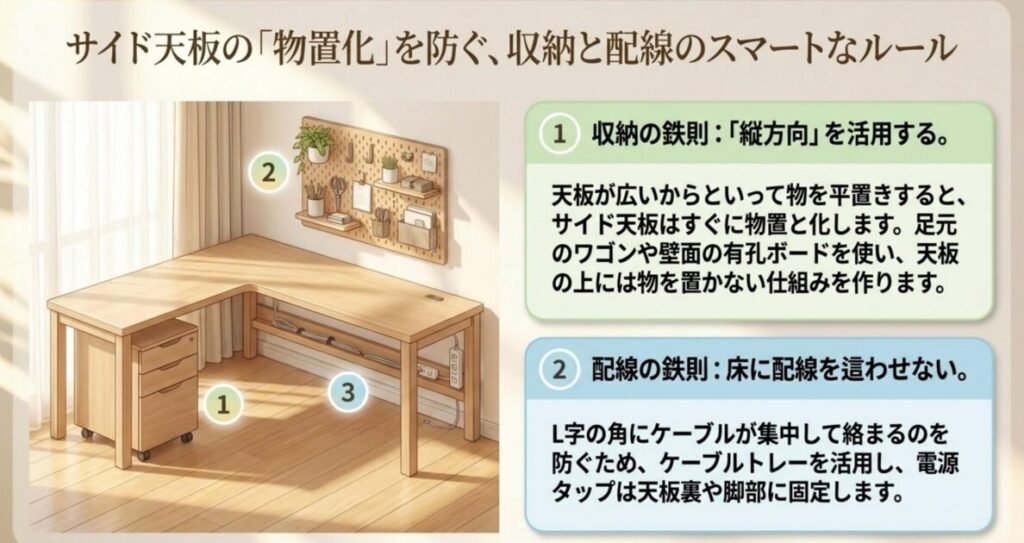 L字デスクの収納と配線の整え方を示すイラスト。縦方向の有孔ボード活用とケーブルトレーによる配線整理の工夫例
