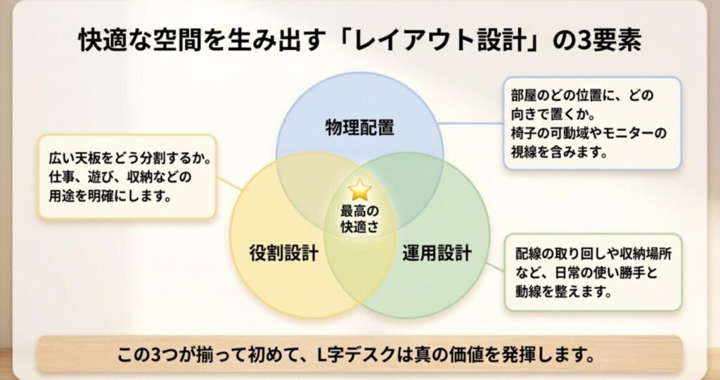 物理配置と役割設計と運用設計の3つの円が重なるベン図で中央に最高の快適さが位置するレイアウト設計の構造を示した図