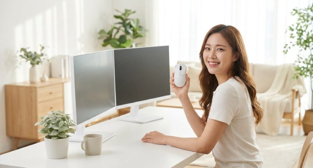 デュアルモニターのデスクに座り、白い軽量ワイヤレスマウスを手に持って微笑む女性の姿。