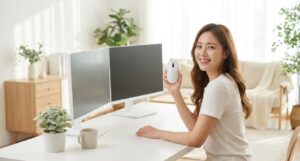 デュアルモニターのデスクに座り、白い軽量ワイヤレスマウスを手に持って微笑む女性の姿。