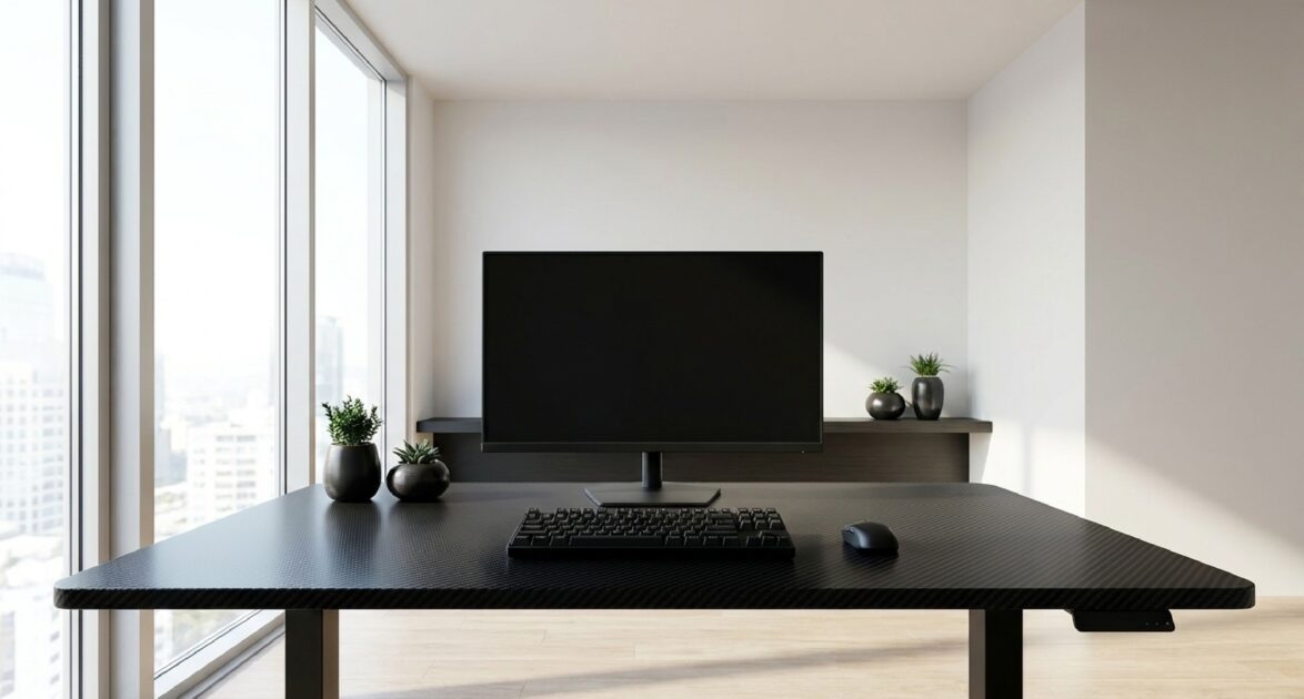 明るい部屋の中にデスクがあり、デスクの上にモニターとマウスが置かれている。