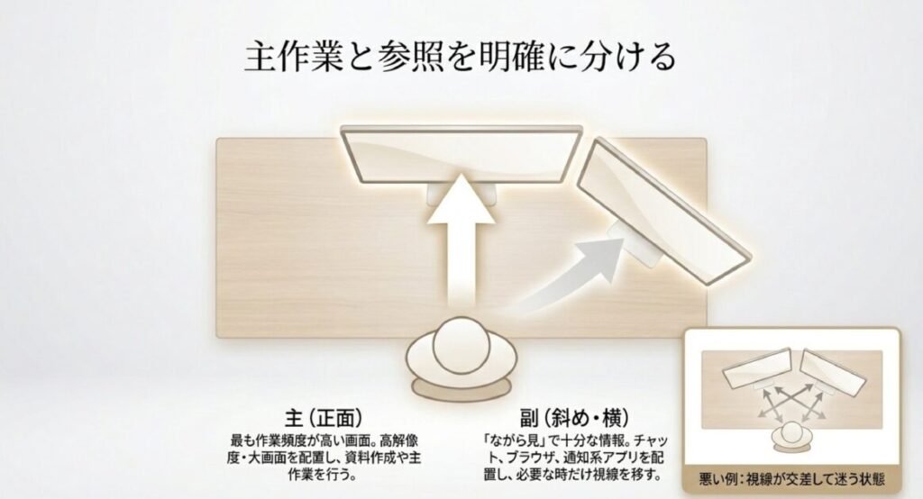 正面に主作業用の大画面、斜めにチャット等の副画面を配置し、視線が交差しない正しいレイアウト図。