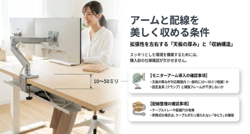 クランプ固定に必要な天板厚10mm〜50mmの条件と、補強フレームとの干渉、昇降時の配線のゆとりに関する注意点