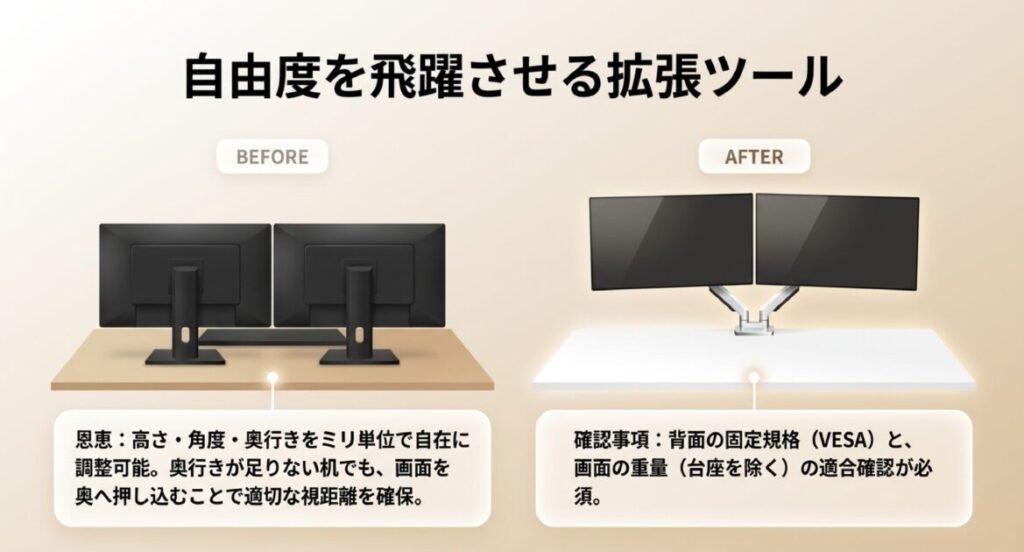 スタンド式のBeforeと、VESA規格のモニターアームで浮かせたAfterの比較。ミリ単位の調整機能の解説。